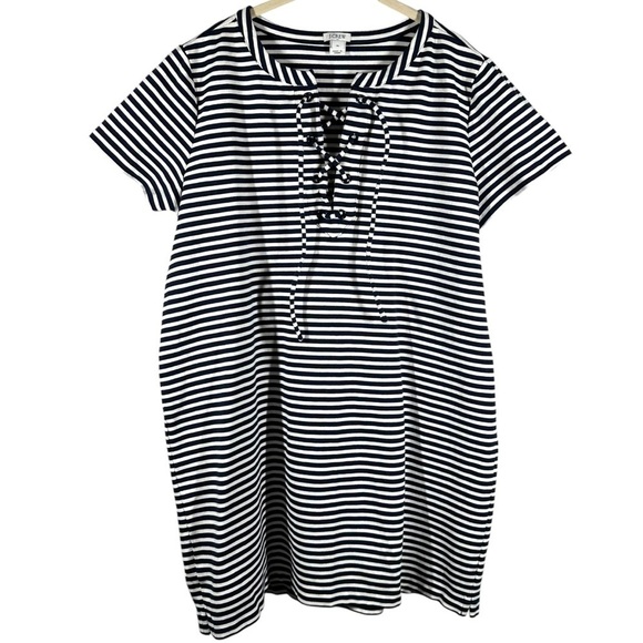 J. Crew Stripe Lace Up Knit Dress Women's‎ XL Navy White Nautical Coastal Preppy - Picture 1 of 7